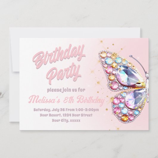 edelstenen vlinder ontwerp Verjaardag Uitnodiging (Voorkant)