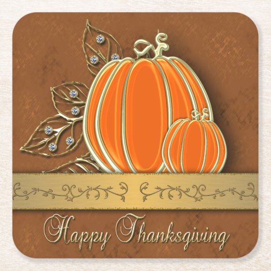 Edelvormige goudThanksgiving pompoenbladeren Vierkante Kartonnen Onderzetter (Voorkant)
