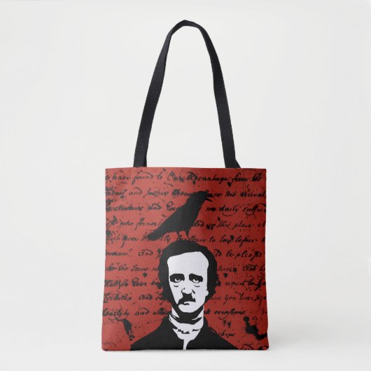 Edgar Allan Poe met Black Raven op rood Draagtas (Voorkant)