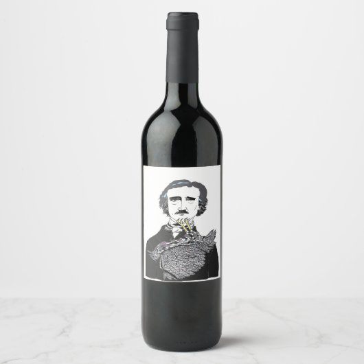 Edgar Allan Poe met een raaf op zijn kin Wijn Etiket (Voorkant)