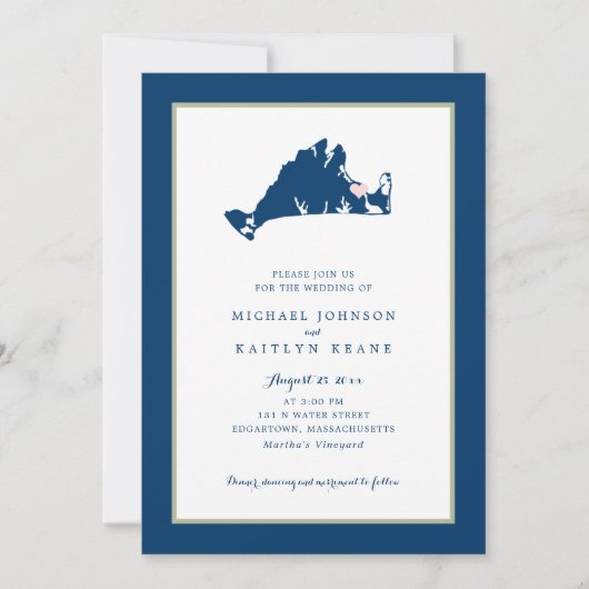 EDGARTOWN Marthas Vineyard Blue Map Wedding Invita Kaart (Voorkant)