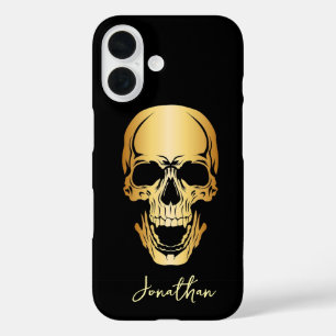 Edgy Black & Gold Skull Pattern Aangepaste naam iPhone 16 Hoesje