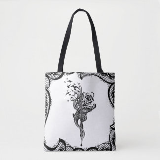 Edgy Lace Pen, Roos & Vogelillustratie Tote Bag