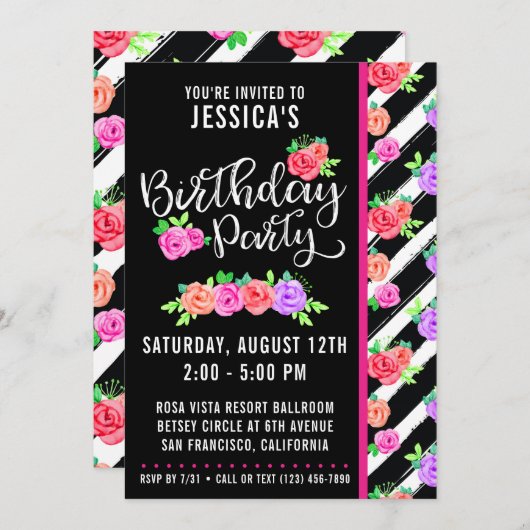 Edgy Rose & Moderne Stripes Invitation Anniversair (Devant / Derrière)