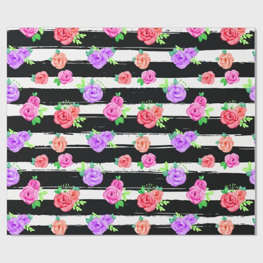 Edgy Rozen & Modern Stripes Trendy Verjaardagsfees Cadeaupapier (Vlak)