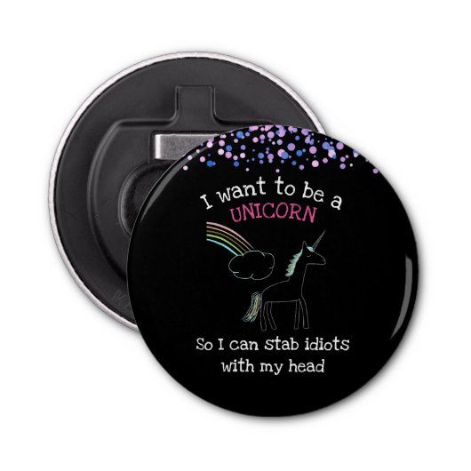 Edgy Unicorn met regenboog en Confetti Funny Button Flesopener (Voorkant)