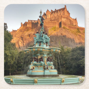 Edinburgh Castle Fountain Princes Street Gardens Vierkante Kartonnen Onderzetter