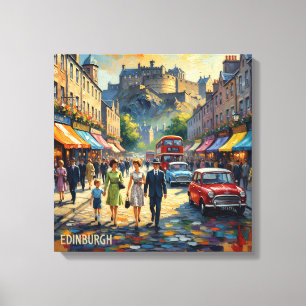 Edinburgh Castle High Street Scene Schilderij op C Canvas Afdruk
