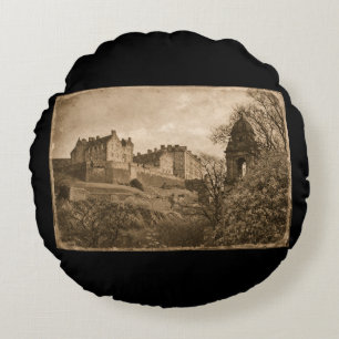 Edinburgh Castle Sepia Foto Rond Kussen