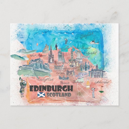 Edinburgh Scotland Travel Map Briefkaart (Voorkant)