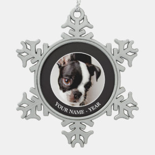 Edison Boston Terrier puppy. Tin Sneeuwvlok Ornament