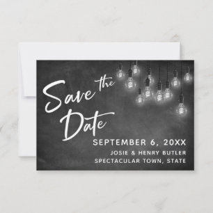 Edison Lights and Chalkboard Modern Save the Date RSVP Kaartje