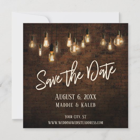 Edison Lights & Industrial Brown Brick Wall Save The Date (Voorkant)
