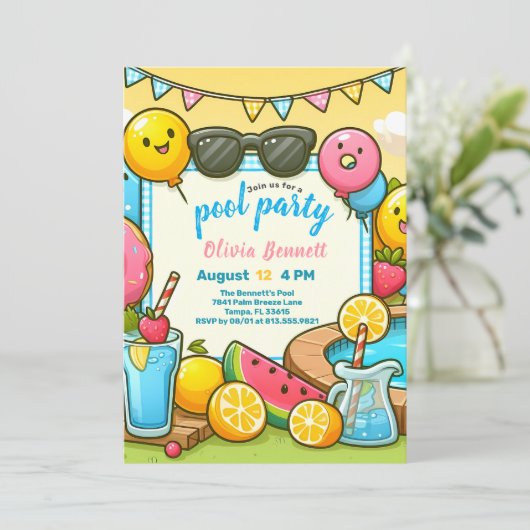 Editab PoolParty Verjaardag voor Kids Fun Summer S Kaart (Staand voorkant)