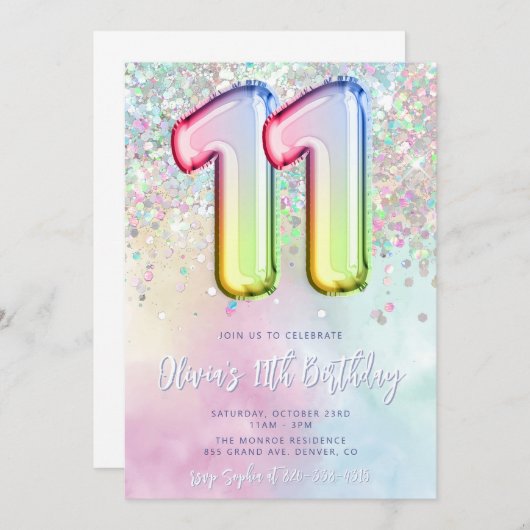 Editable 11e anniversaire Invitation Modèle Rainbo (Devant / Derrière)