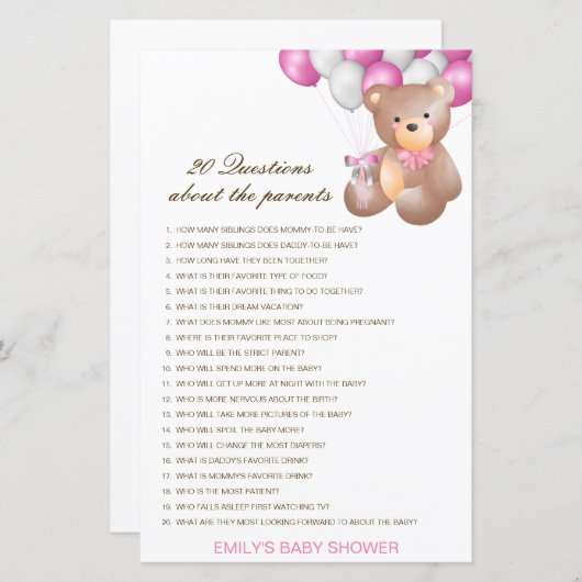 Editable 20 Vragen over het Baby shower van Ouders (Voorkant / Achterkant)