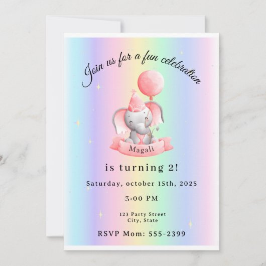 Editable 2nd Birthday Invitation Cute Elephant (Devant)