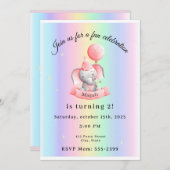 Editable 2nd Birthday Invitation Cute Elephant (Devant / Derrière)