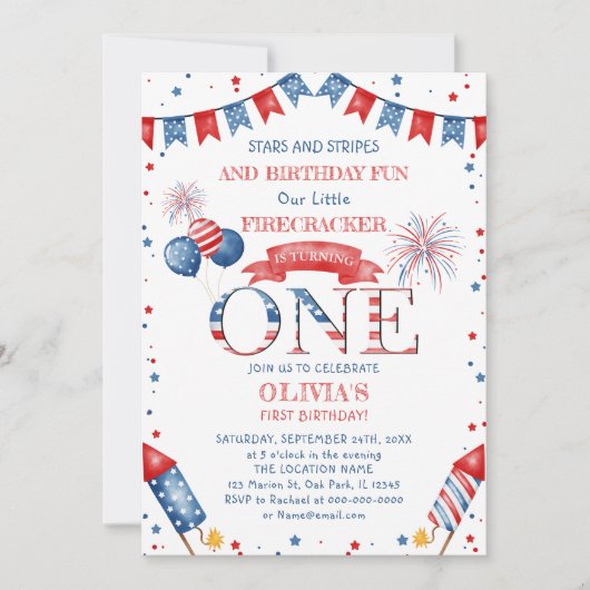 EDITABLE 4 juli Eerste Verjaardag Uitnodiging (Voorkant)