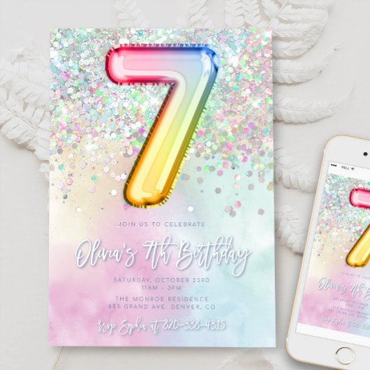 Editable 7e anniversaire Invitation Modèle Rainbow