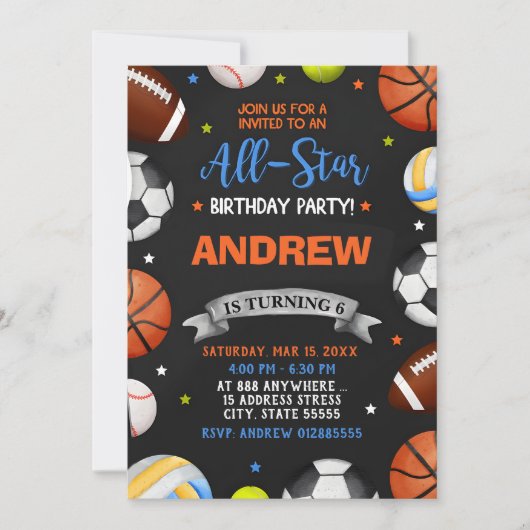 Editable All Star Sports Invitation Anniversaire (Devant)