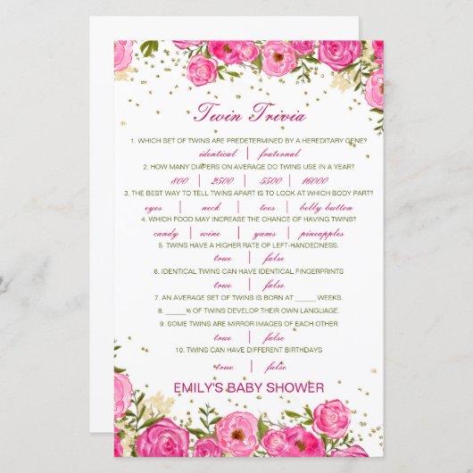 Editable Baby Twin Trivia Baby shower met antwoord (Voorkant / Achterkant)