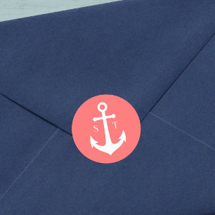 Editable Background Color Monogram Anchor Wedding Ronde Sticker