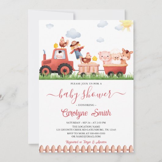 Editable Barnyard Farm Animals Baby shower Kaart (Voorkant)