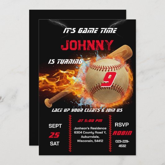Editable Baseball Birthday Invitation (Devant / Derrière)