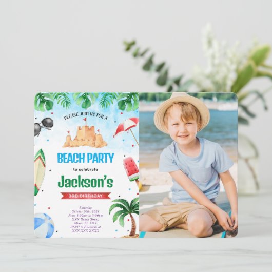 Editable Beach Birthday Photo Invitations (Debout devant)