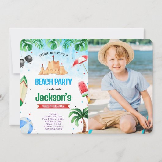 Editable Beach Birthday Photo Invitations (Devant)