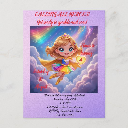 Editable Birthday Invitation – Superheroine Theme Briefkaart (Voorkant)