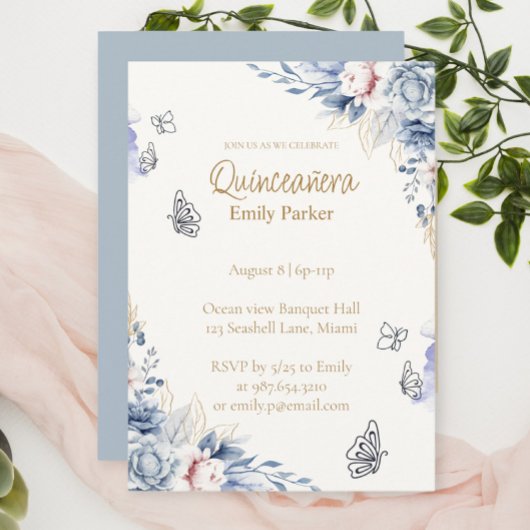 Editable Blue and Gold Quinceañera Invitation