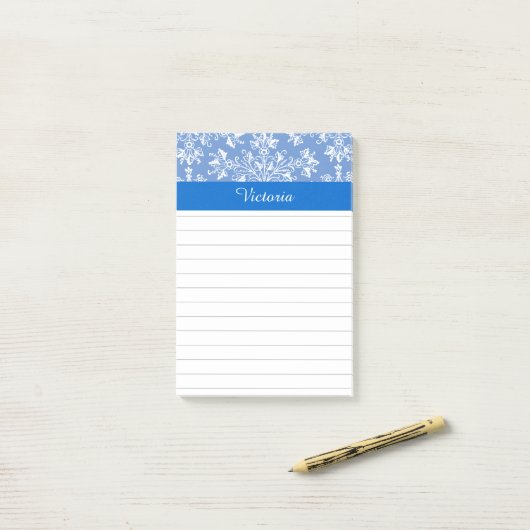 Editable Blue White Damask Floral Lined Post-it® Notes (Op bureau)