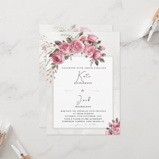 Editable Blush Rose Floral Frame Wedding Kaart (Voorkant / Achterkant in situ)