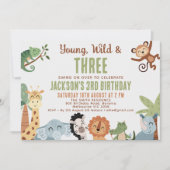 Editable Brown Green Young Wild Three 3rd Birthday Kaart (Voorkant)