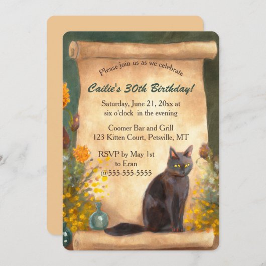 Editable Cat Scroll and Flowers Kaart (Voorkant / Achterkant)