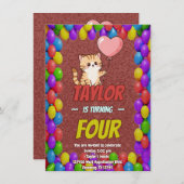 Editable Cat-Themed Birthday Invitation Balloon Kaart (Voorkant / Achterkant)