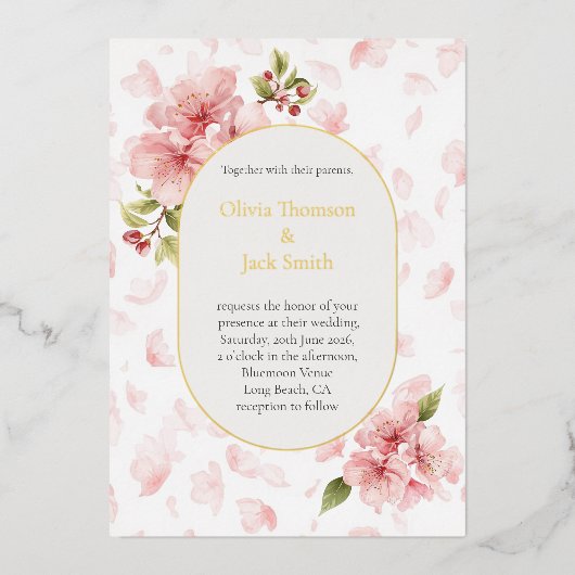 Editable Cherry Blossom Foil Wedding Invitation Folie Uitnodiging (Voorkant)
