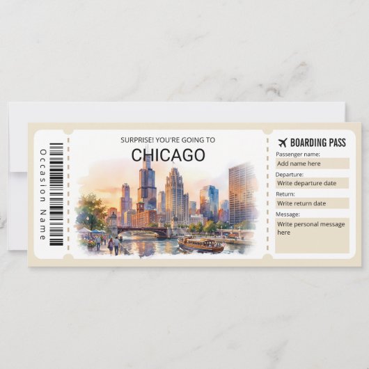 Editable Chicago Trip Boarding Pass Ticket Kaart (Voorkant)