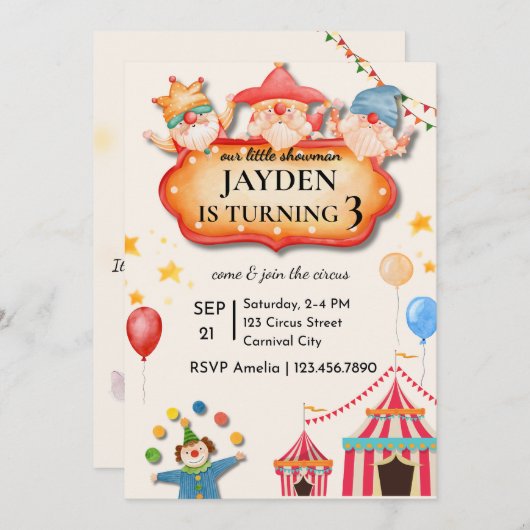 Editable Circus Birthday Invitation Kaart (Voorkant / Achterkant)