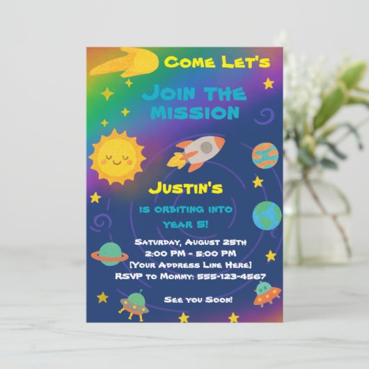 Editable Crayon Style – Solar System Birthday Kaart (Staand voorkant)