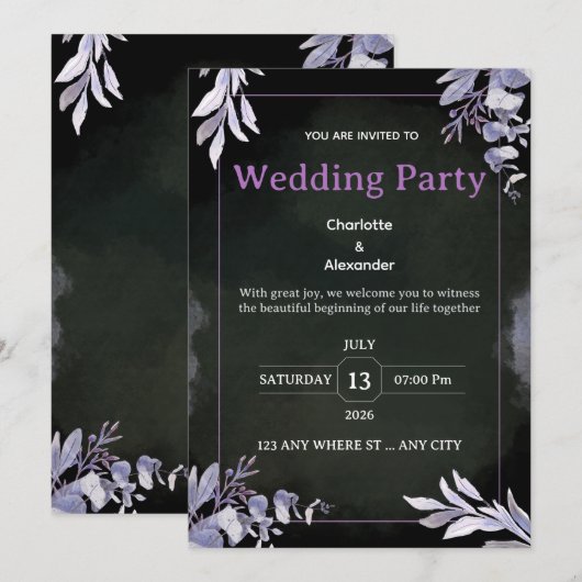 Editable Dark Botanical Wedding Invitation (Devant / Derrière)