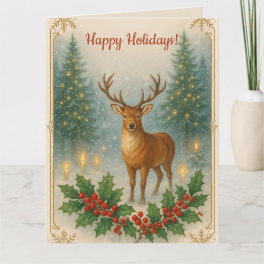Editable Deer and Holly Happy Holidays Kaart (Voorkant)