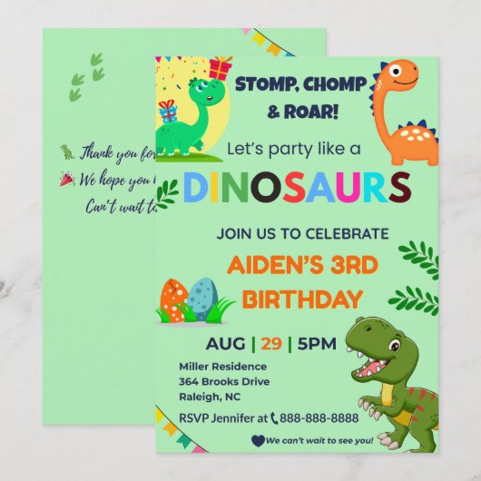Editable Dino Birthday Invitation | Roar Party The Kaart (Voorkant / Achterkant)