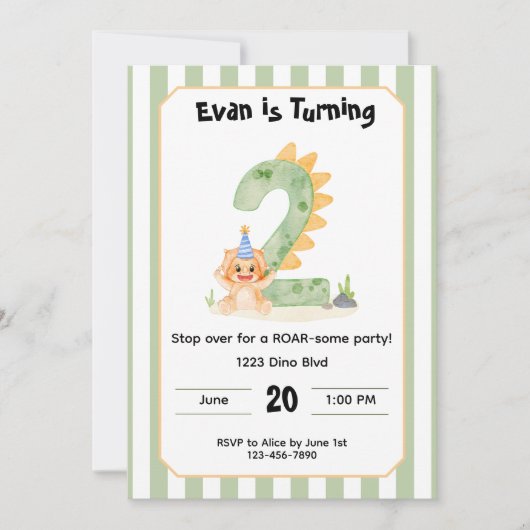Editable Dinosaur 2nd Birthday Invitation  (Devant)