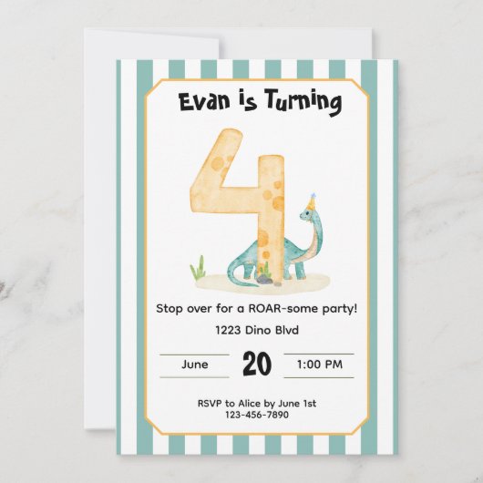 Editable Dinosaur 4th Birthday Invitation  (Devant)