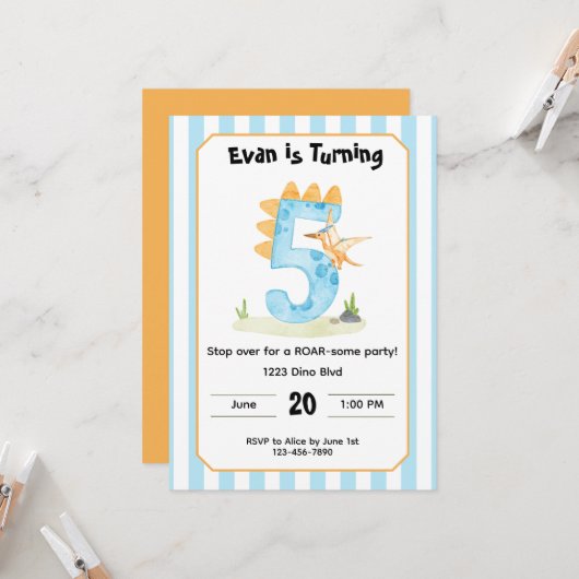 Editable Dinosaur 5th Birthday Invitation  (Devant/Arrière en situation)