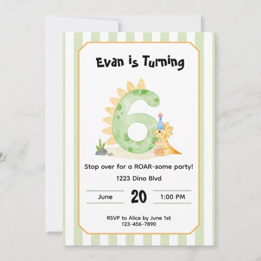 Editable Dinosaur 6th Birthday Invitation  (Devant)
