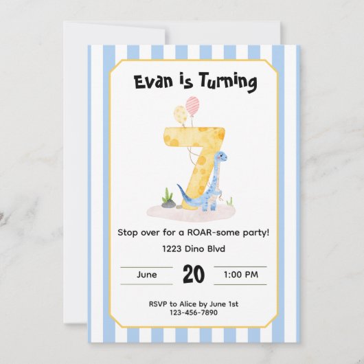 Editable Dinosaur 7th Birthday Invitation  (Devant)